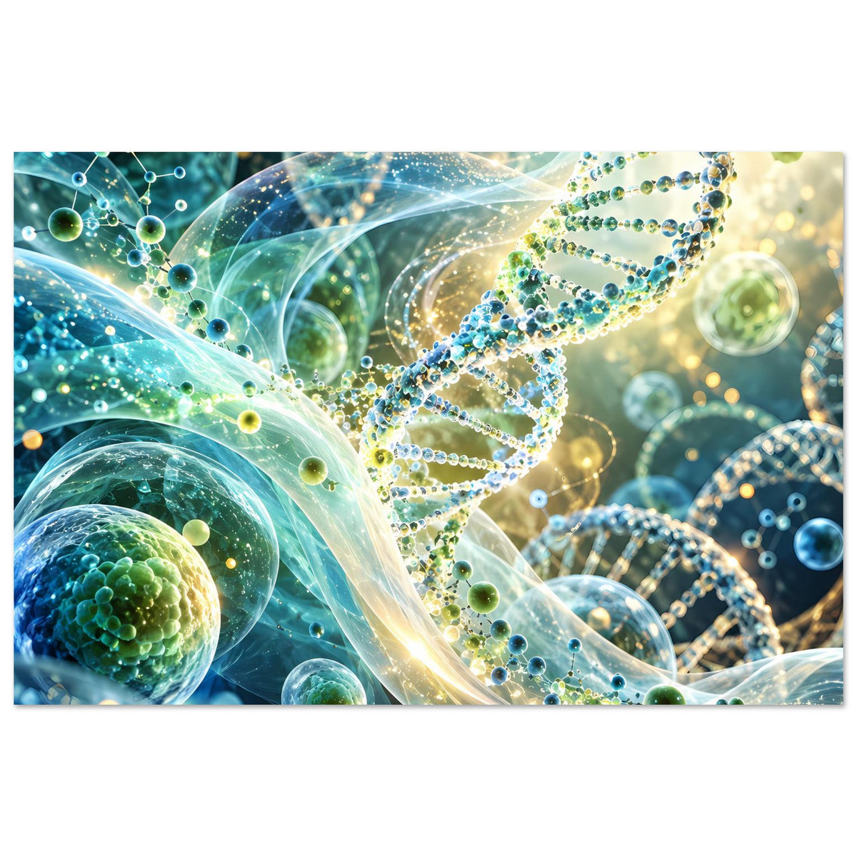 Poster im Querformat mit leuchtender DNA-Doppelhelix, gläsernen Bahnen und farbigen Punkten