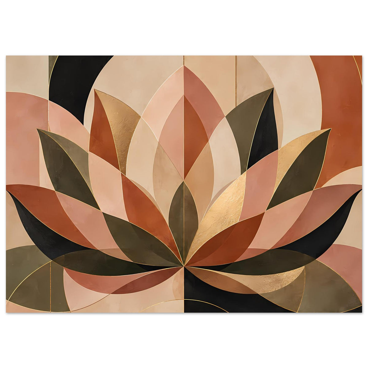 Horizontales Lotus-Geometrieposter mit warmen Erdtönen, beigen Flächen, dunklen Blättern