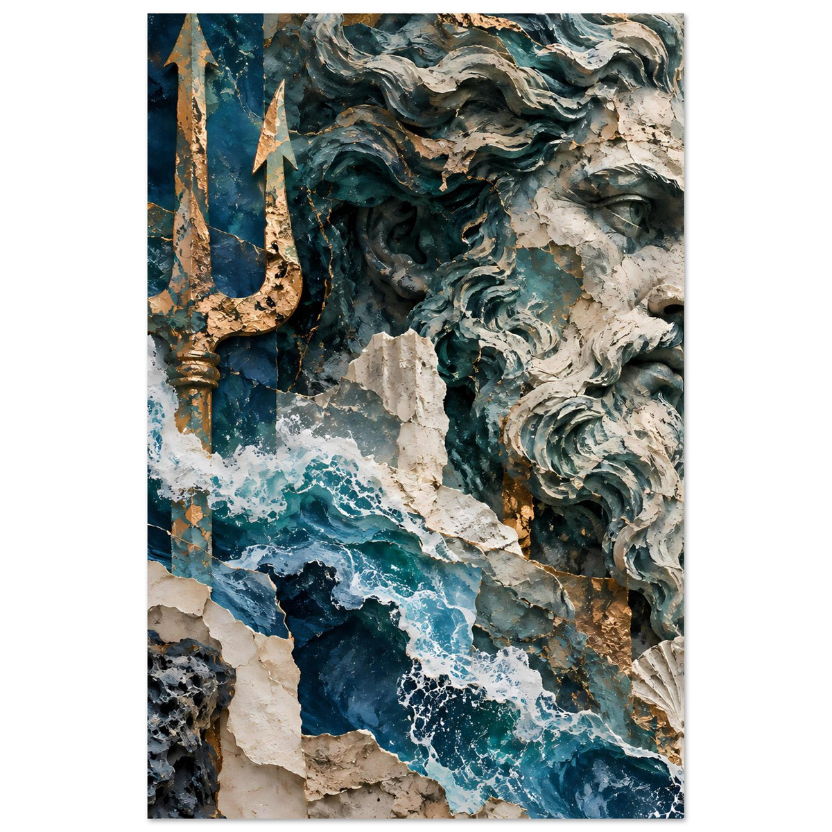 Vertikales Poster mit Neptun-Relief, Kopf und Dreizack in Blau- und Steintönen