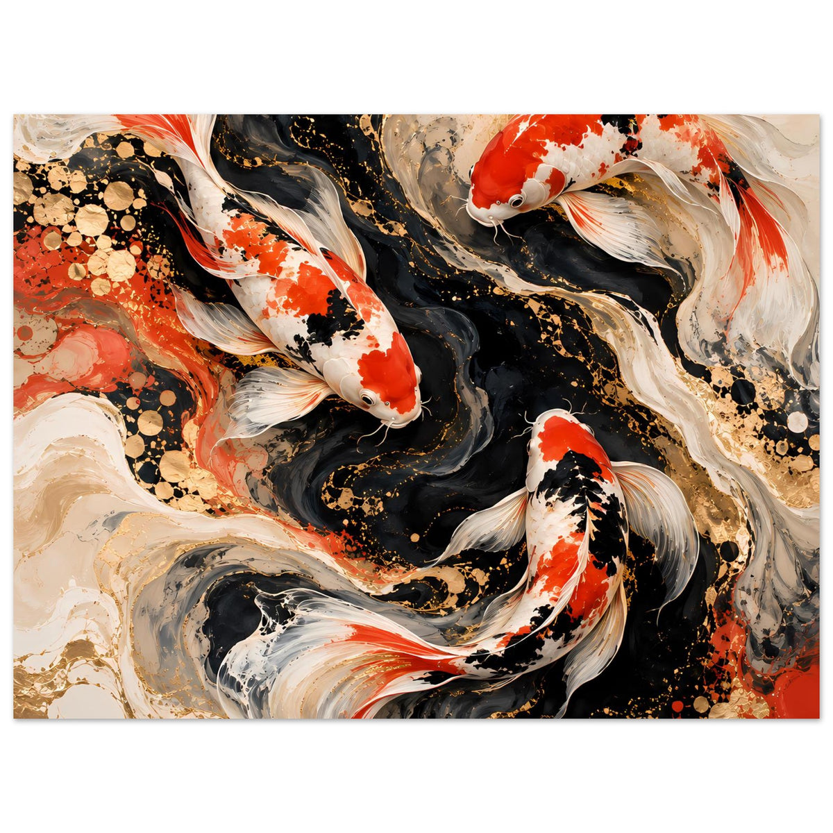 Kunstposter mit Koi-Fischen in Schwarz, Weiß und Rot, abstrakte Farbflächen und Sprenkel, Querformat
