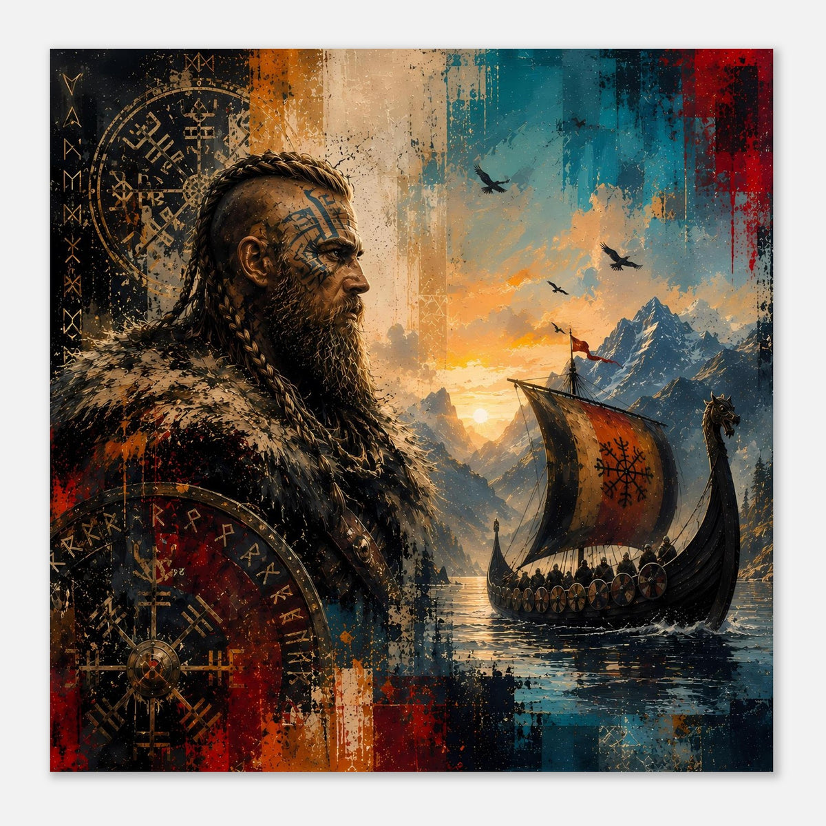 Wikinger-Saga-Poster mit bärtigem Krieger, Runenornament und Langschiff auf See