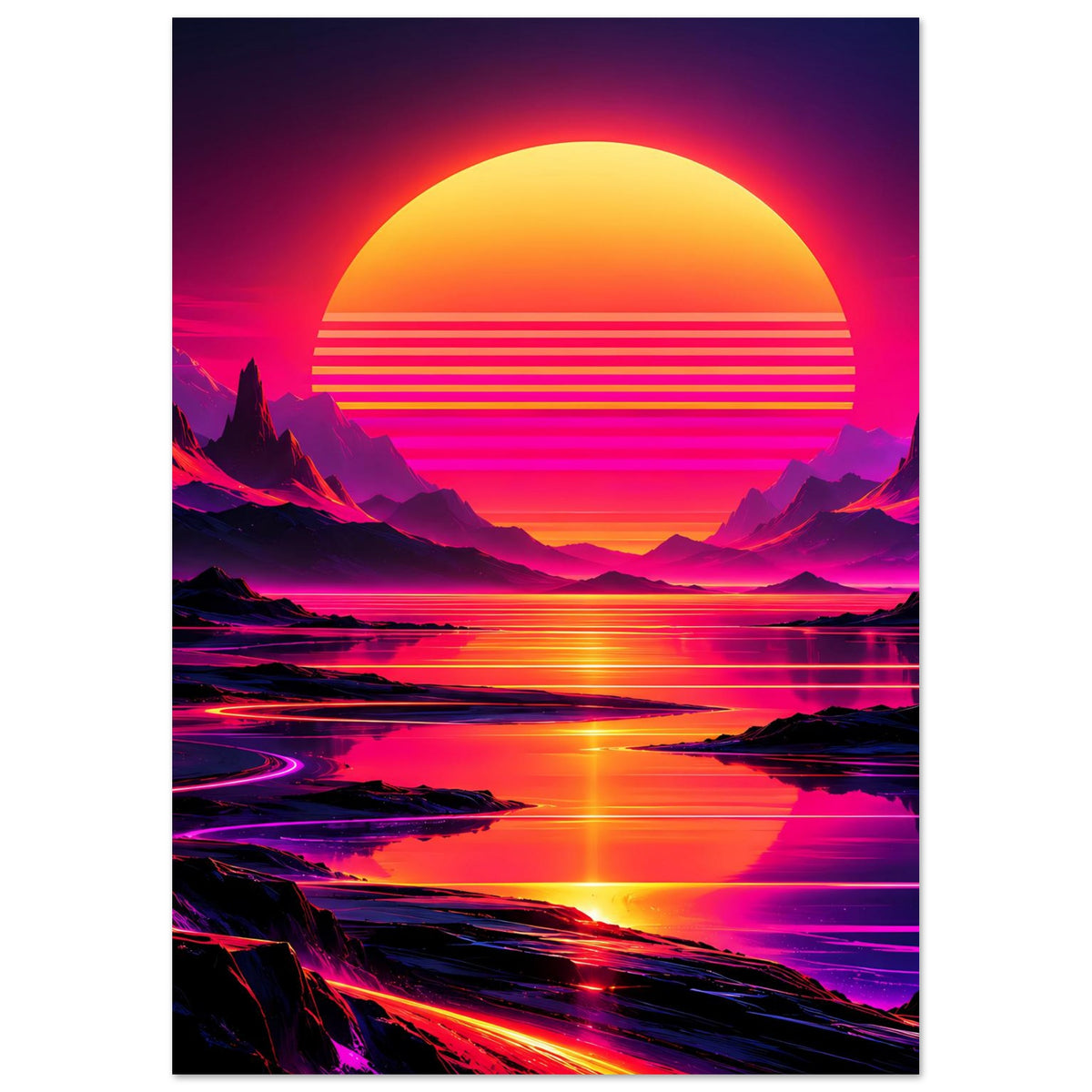 Neon-Poster: Sonnenkreis über Gebirge, horizontale Farbstreifen und spiegelndes Wasser