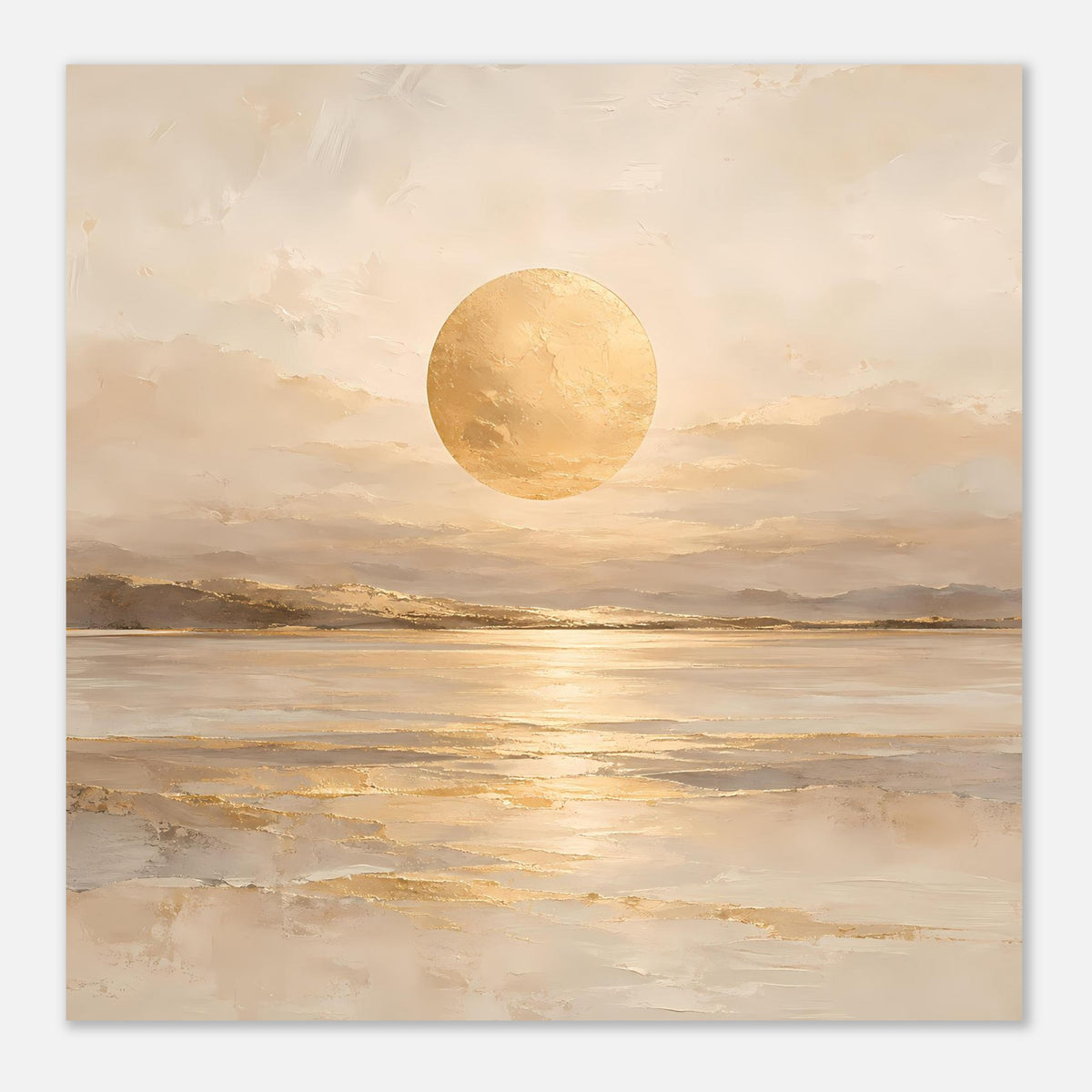 Nahansicht Beiges Kunstposter mit goldener Kreis-Sonne über Wasser und Horizont