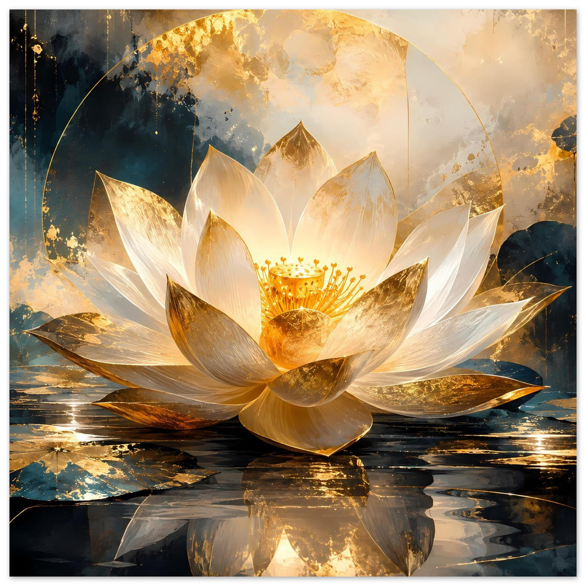 Kunstposter: goldweiße Lotusblüte auf spiegelndem Wasser, goldene Akzente