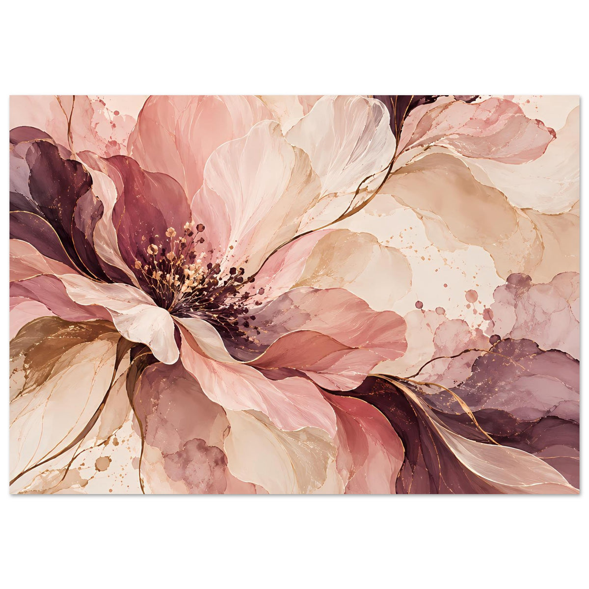 Blütenposter mit großen Blüten in Rosé-, Creme- und Beerentönen, horizontal