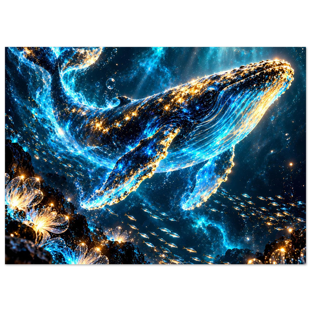 Leuchtendes Poster mit Meeressäugern: Wale in Blau und Gold, umgeben von Lichtfunken