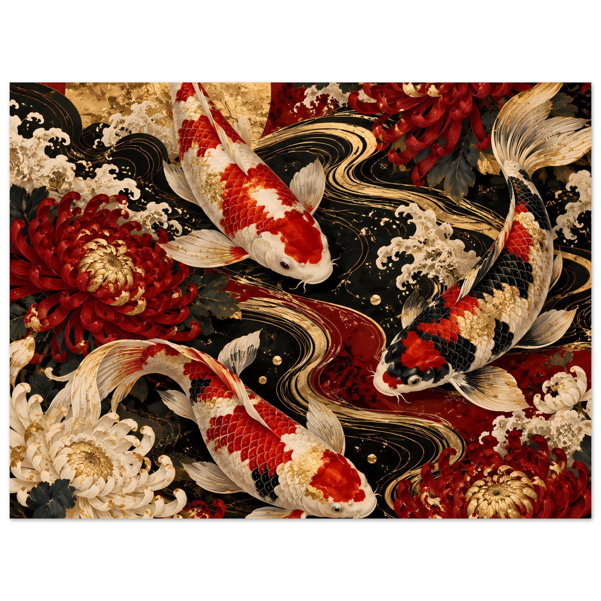 Koi-Karpfen Poster, Nahansicht mit weißen Koi, goldroten Blüten und schwarzem Wellenwirbel