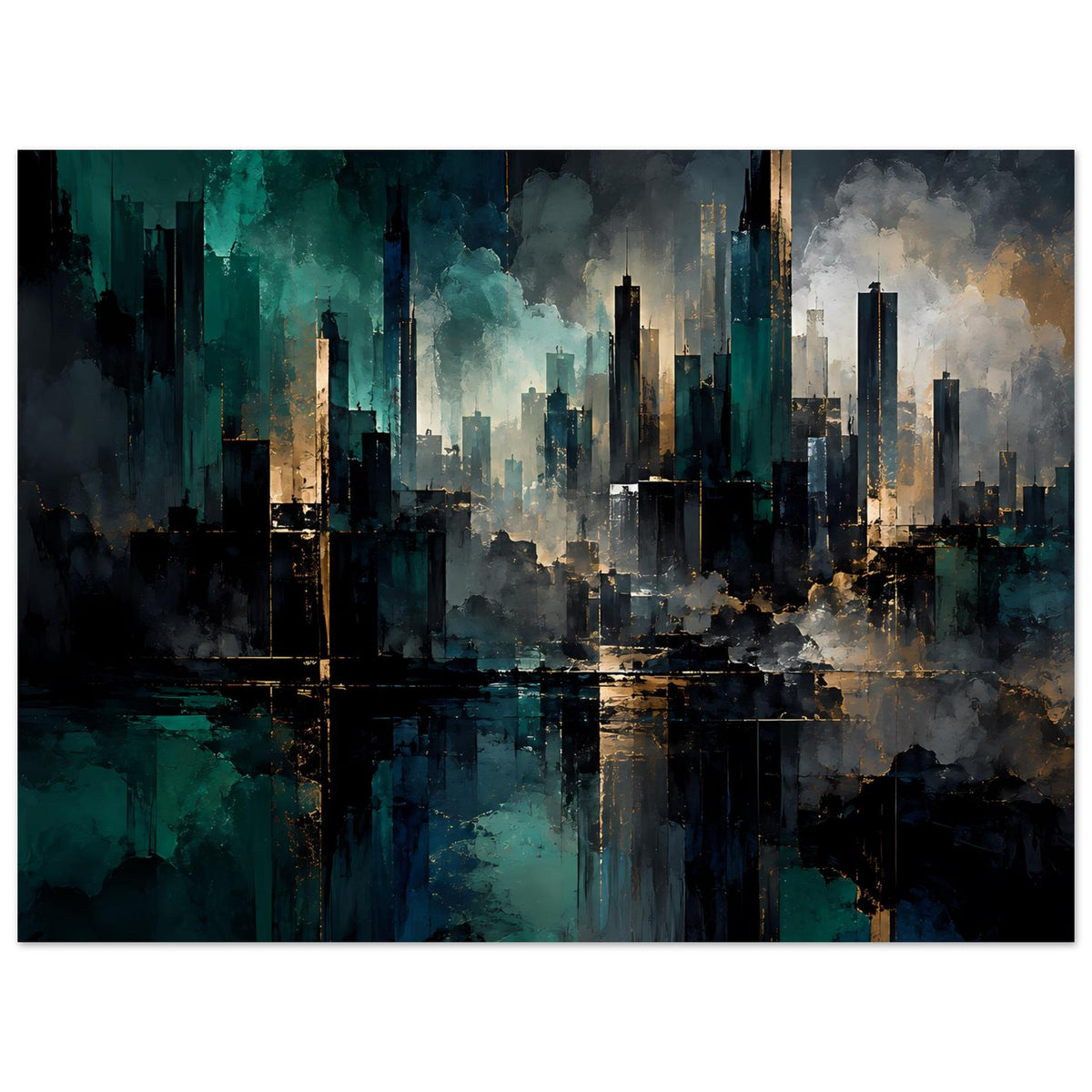 Horizontales abstraktes Stadtposter: hohe Gebäude, blaugrüne Töne, goldene Linien und Nebel