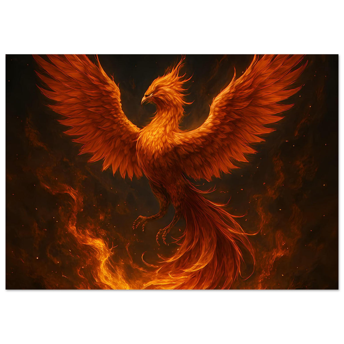Poster mit Flammen-Phönix, Flügel großflächig sichtbar und feurige Wirbel im Motiv