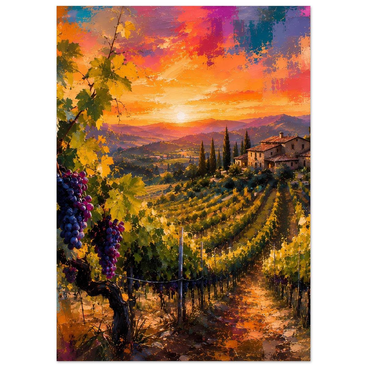 Vertikales Poster: Trauben links am Weinstock, Reihen im Tal, Landhaus rechts bei Sonnenuntergang