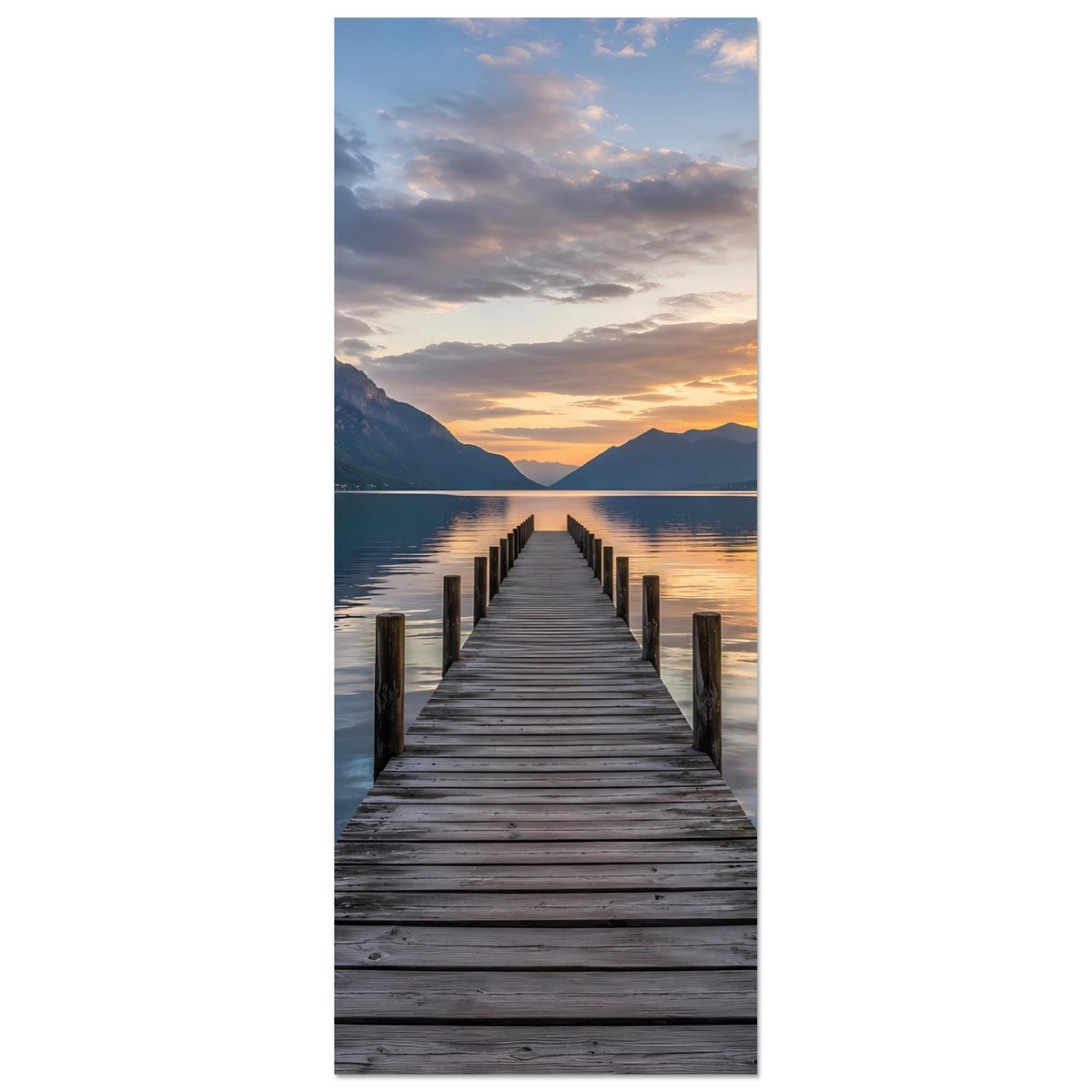 Hochformat-Poster mit Steg im See, Sonnenuntergang und entfernte Berglandschaft.