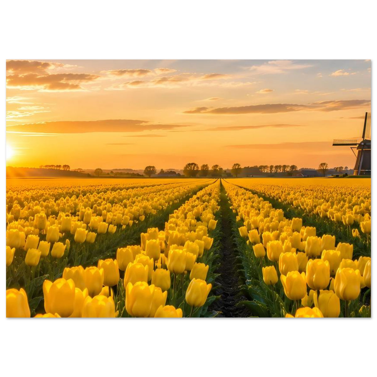 Querformat-Poster: gelbe Tulpenreihen mit Weg in der Mitte, holländische Windmühle rechts