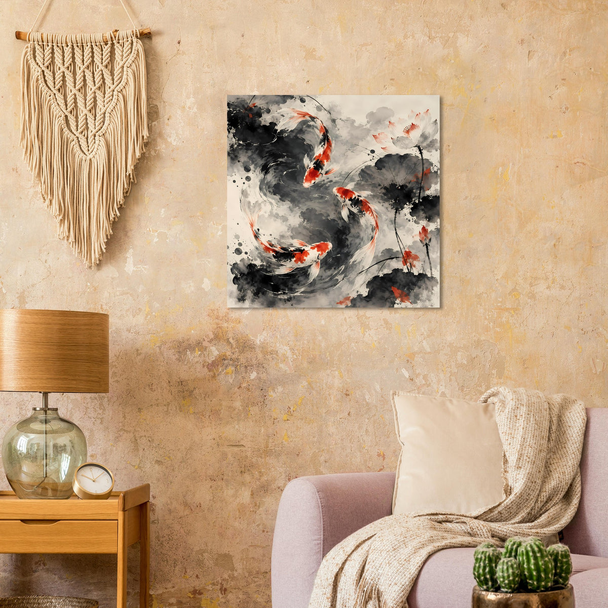 Koi-Fische Poster im Tusche-Look: schwarze Koi mit orangefarbenen Akzenten