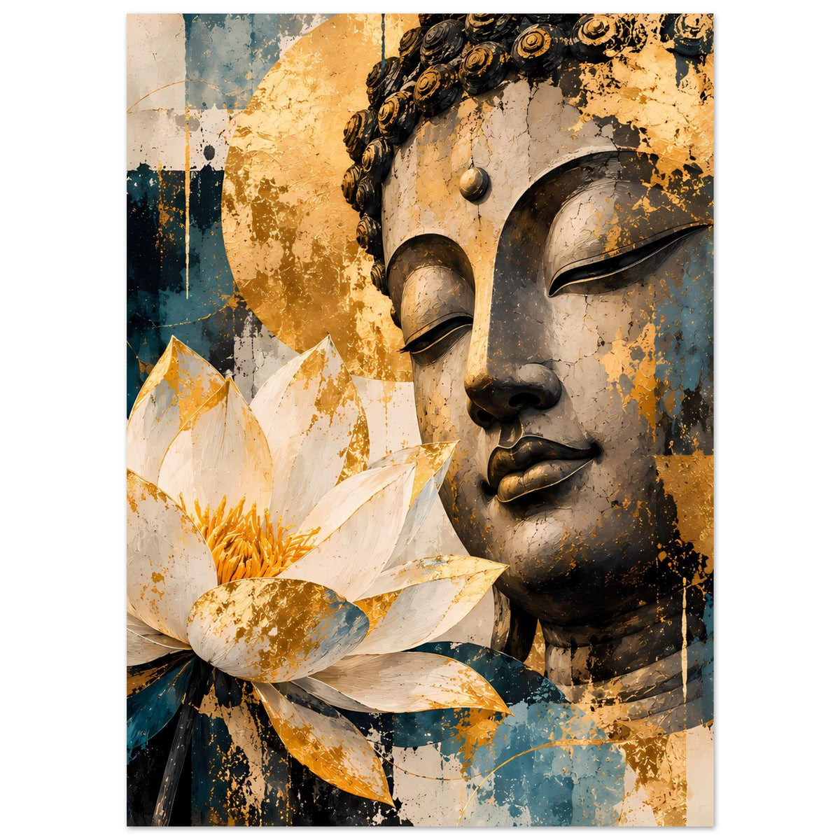 Poster mit Buddha-Profil und großer Lotusblüte, goldene Sprenkeloptik, Weiß- und Petrolfarben