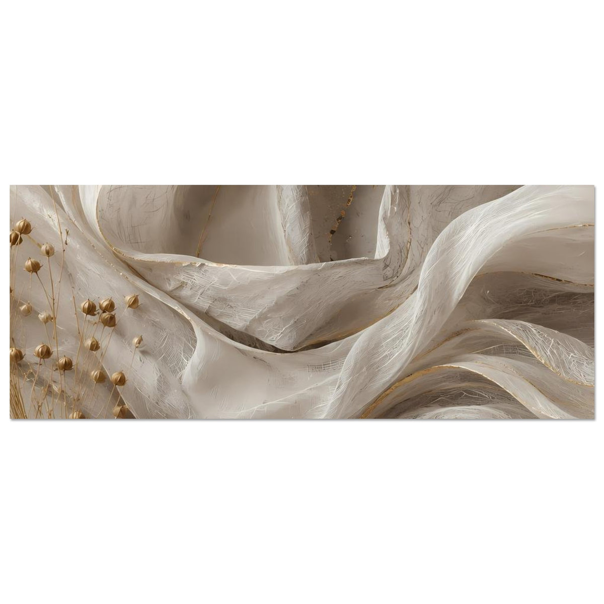 Horizontales Abstraktposter: cremefarbene Wellen, goldene Linien und feine Perlenakzente