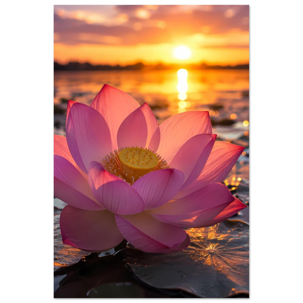 Vertikales Poster mit Lotusblüte in Lila und Rosa, mittig und scharf, aufliegendes Wasser-Design