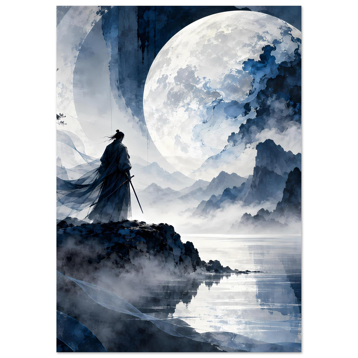 Matte Poster im Hochformat: Samurai auf Felsvorsprung mit wehender Silhouette, Mond und Berge.