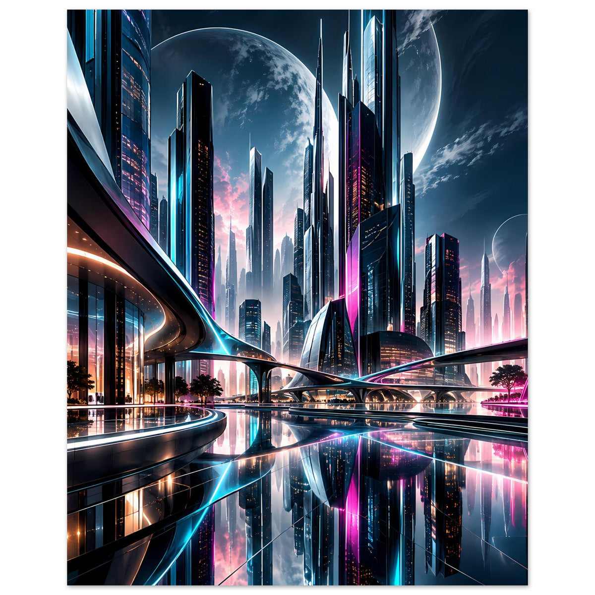 Poster: futuristische Neon-Stadt-Skyline mit großem Mond, Hochformat