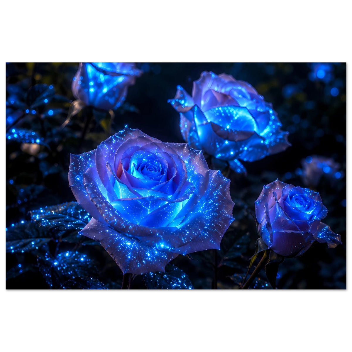 Poster mit zentraler leuchtend blauer Rose und zwei weiteren Blüten, Glitzermuster.