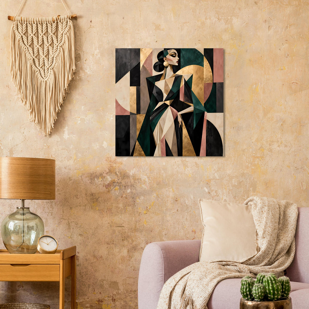 Abstraktes Poster mit geometrischen Formen in Olivgrün, Gold und Rosé