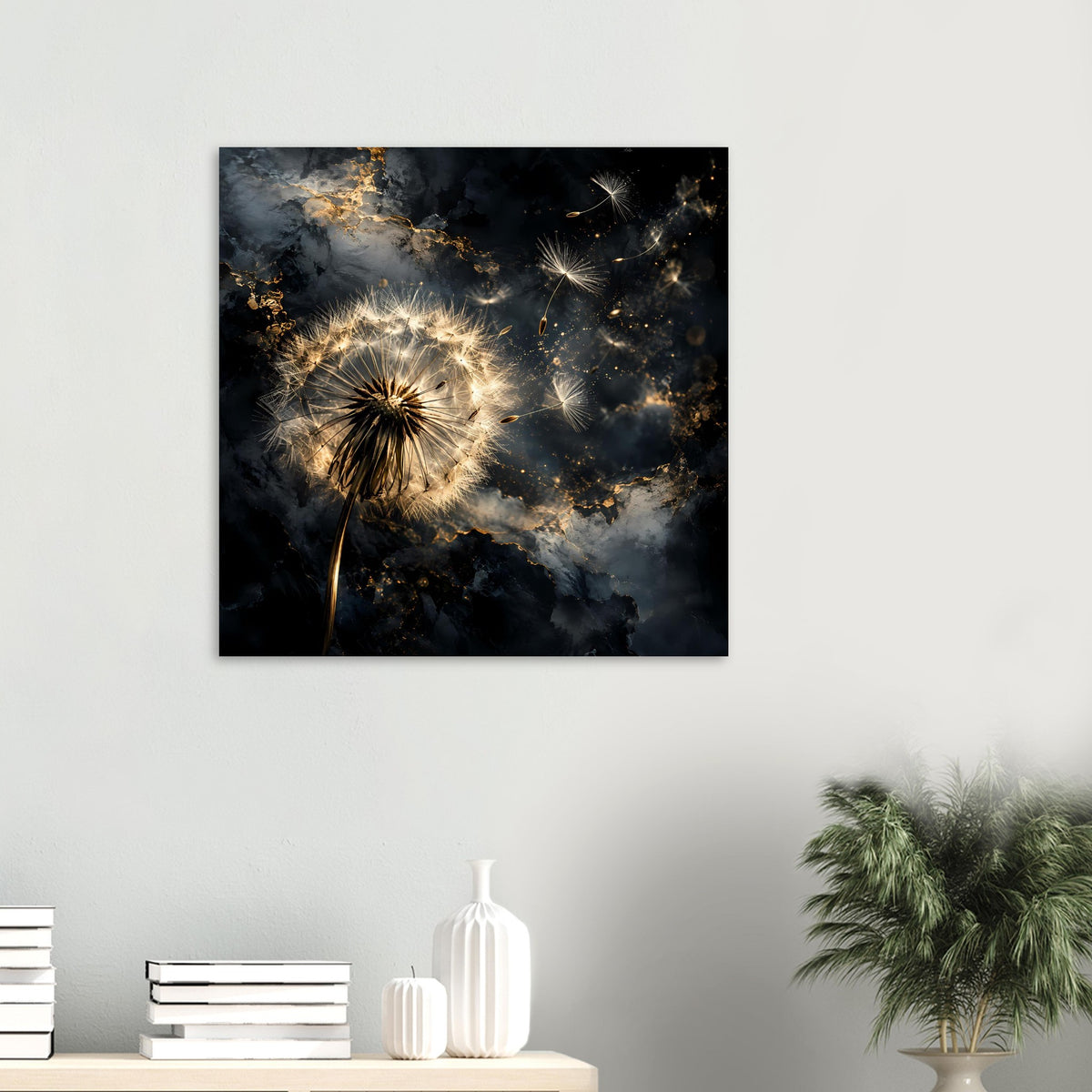 Quadratisches Poster mit schwarzem Rahmen und goldener Pusteblume im Leuchten-Motiv