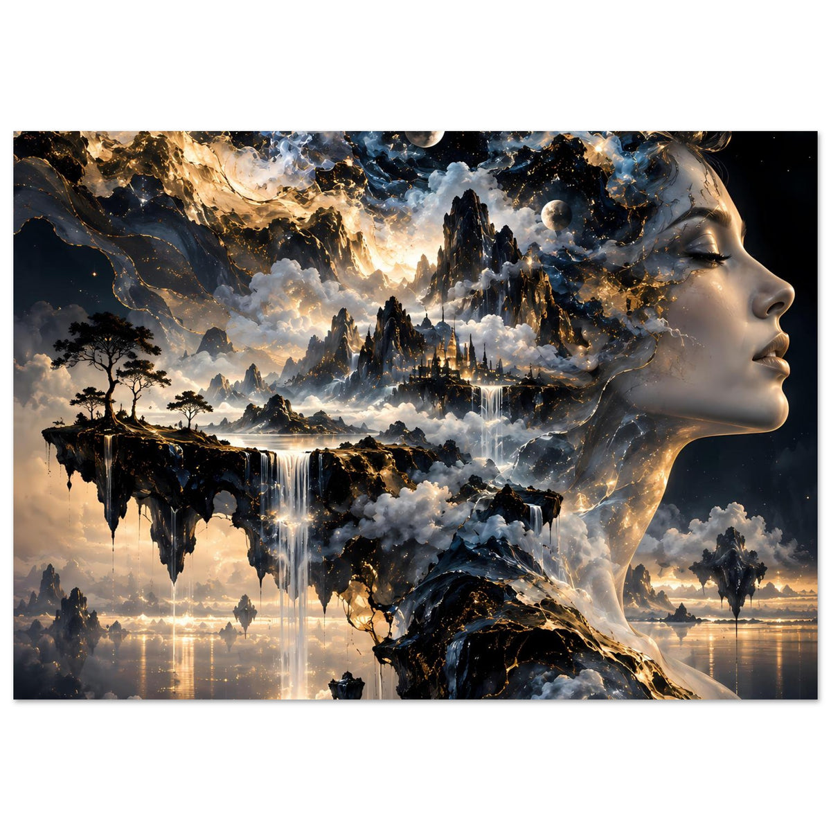 Poster mit Kopfprofil und kosmischer Landschaft, Planeten, Nebel und leuchtenden Wolken