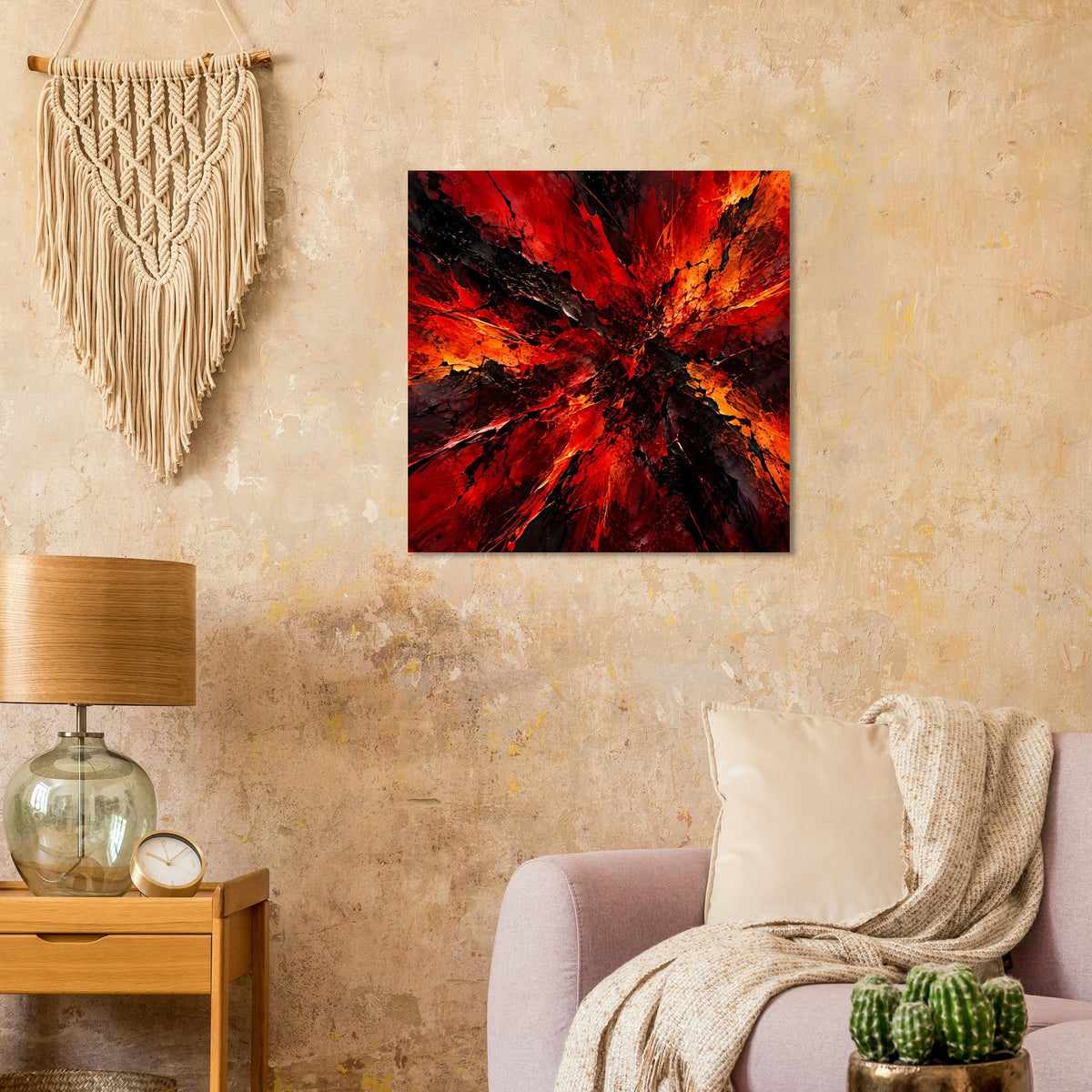 Feuriges abstraktes Poster: Rot-Orange mit schwarzen Strahlen, quadratisch