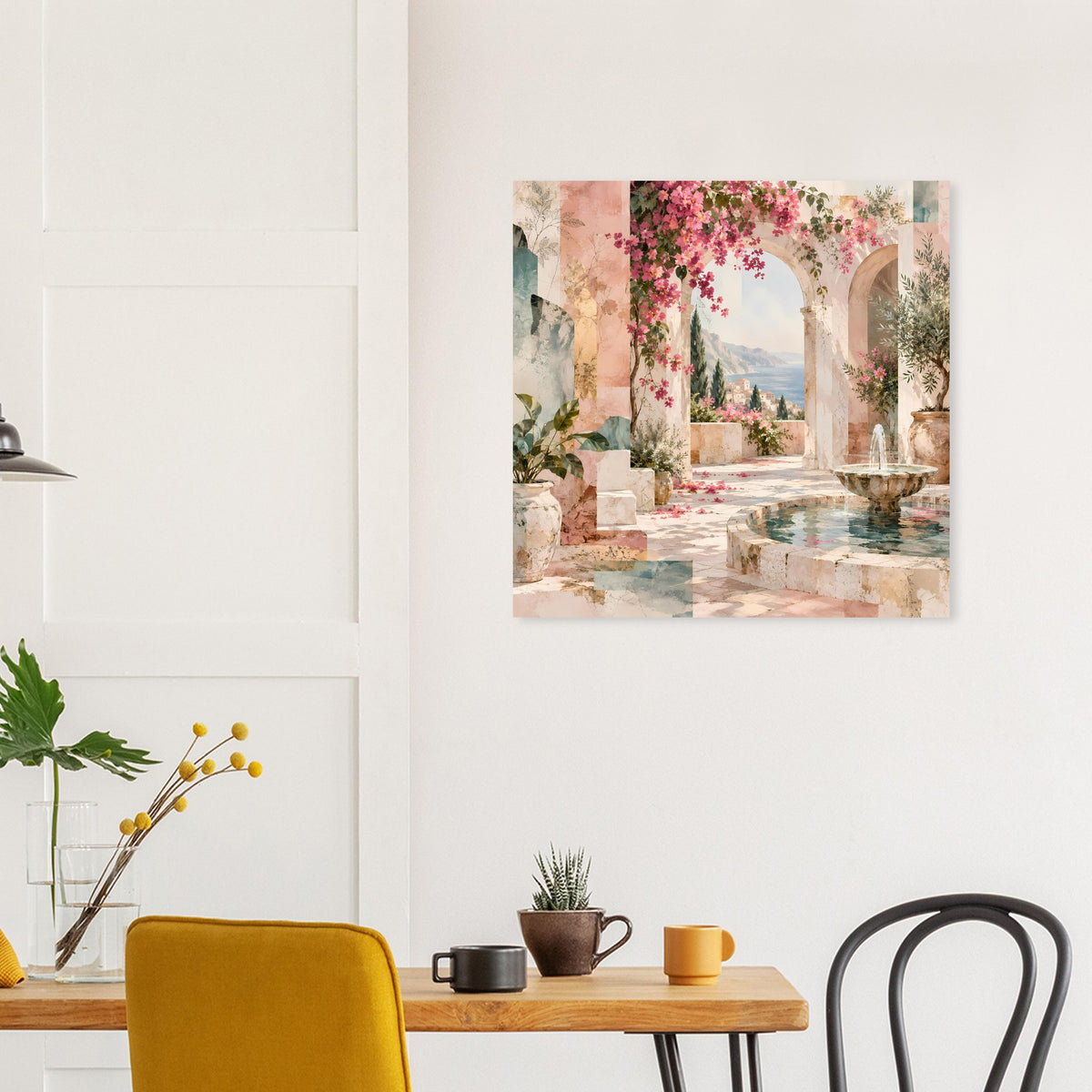 Quadratisches Kunstposter mit mediterraner Durchgangs-Terrasse, Bögen und Brunnen