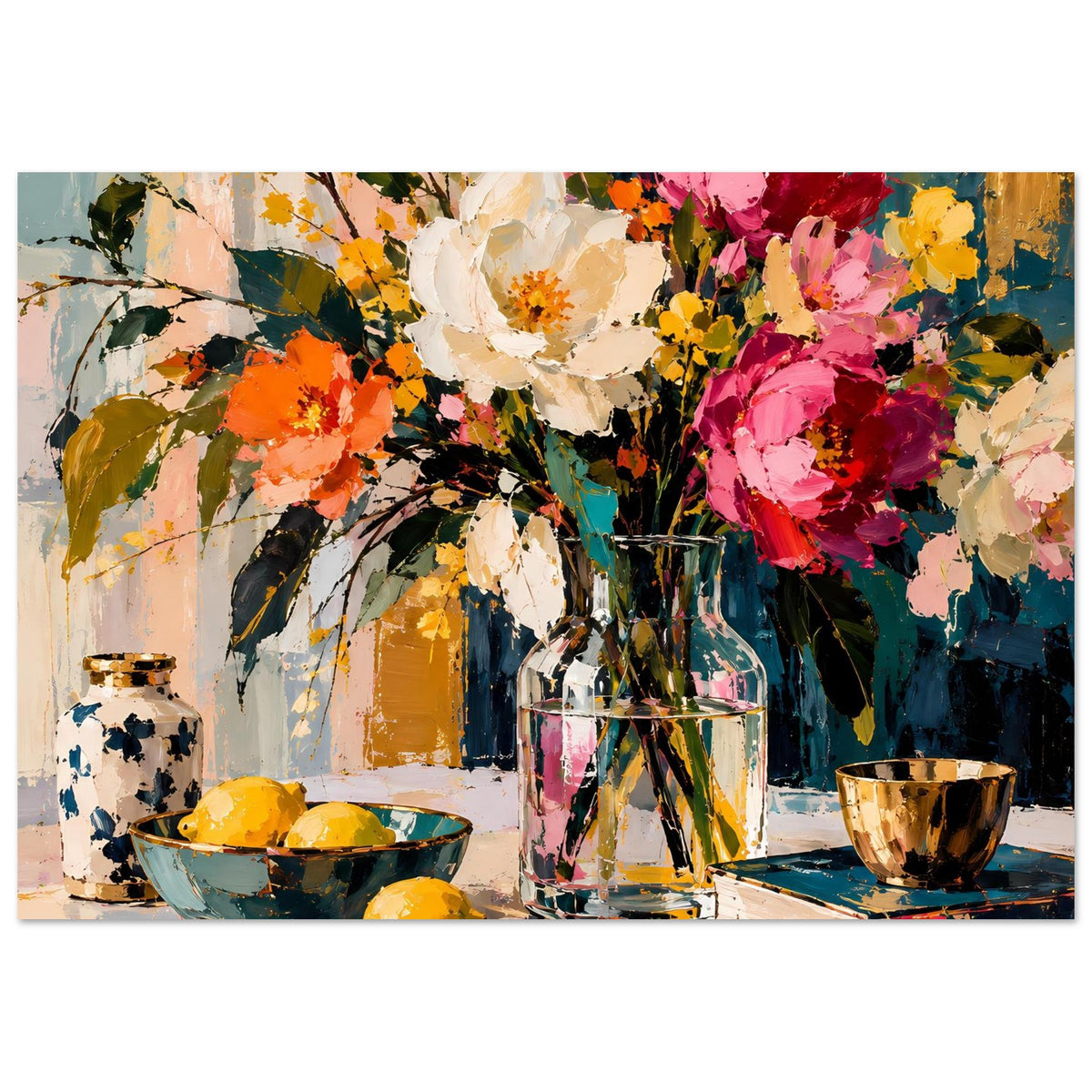 Blumenstillleben-Poster mit buntem Strauß, Vase und Schalen, Querformat