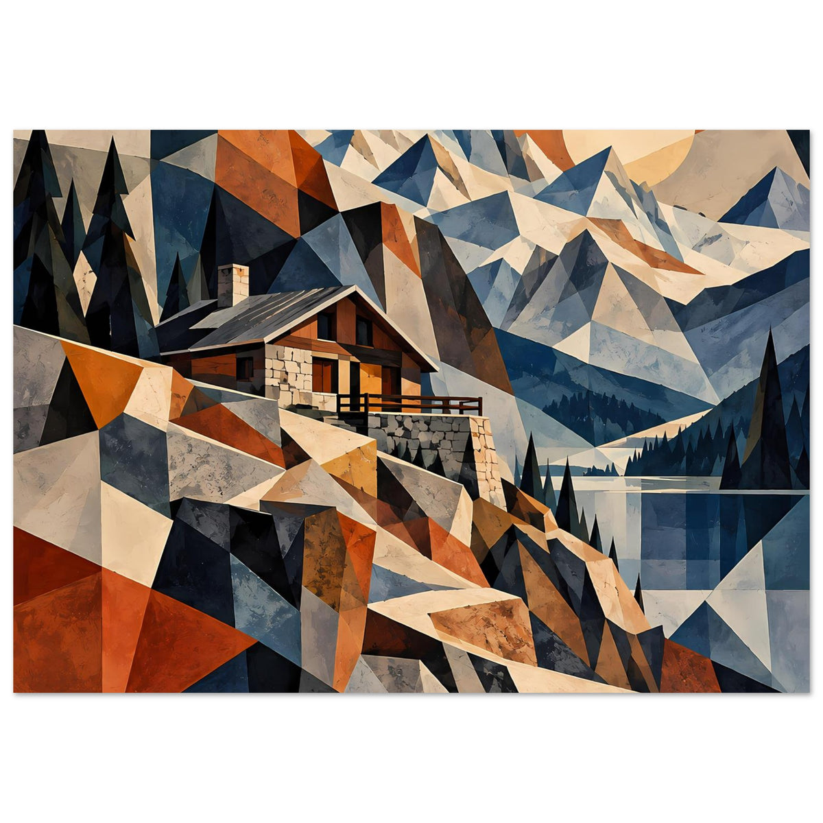 Poster mit geometrischer Berglandschaft: Haus und Berge aus Dreiecksflächen in Blau, Rostrot