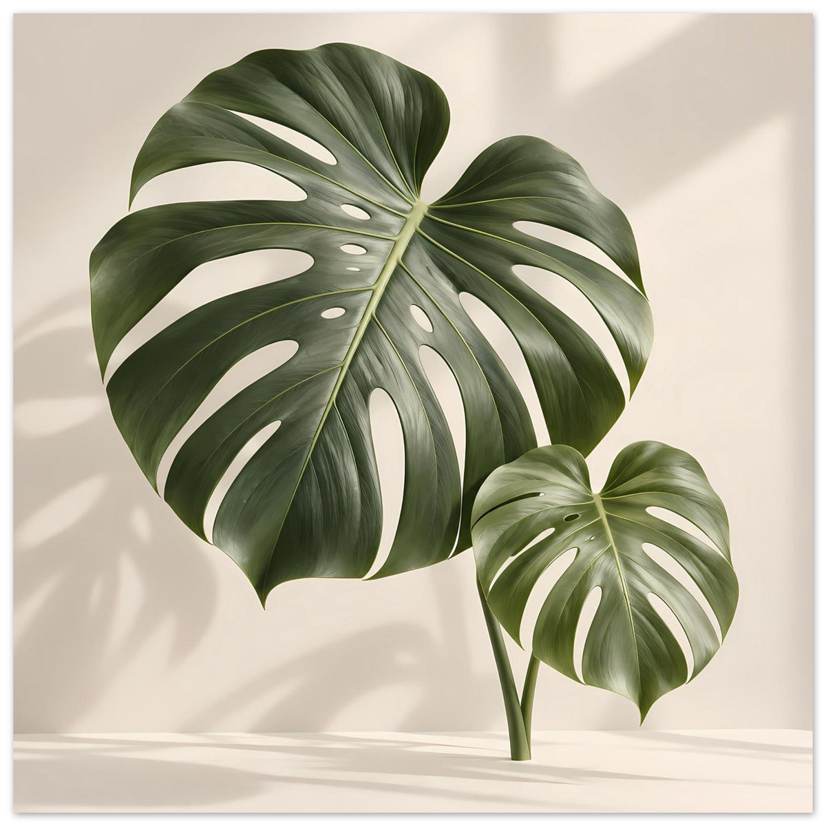Vertikales Monstera-Blattposter: großes Blatt links, kleineres Blatt rechts mit Stiel
