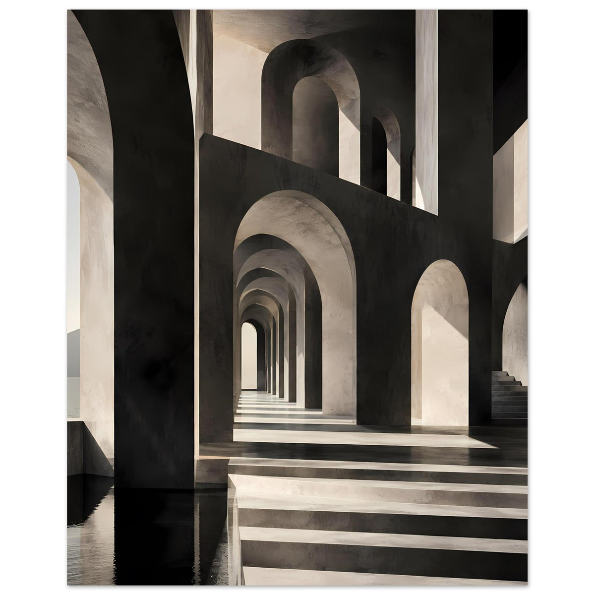 Architekturposter: langer Flur mit Rundbögen, gestreiften Stufen und dunklen Wandflächen