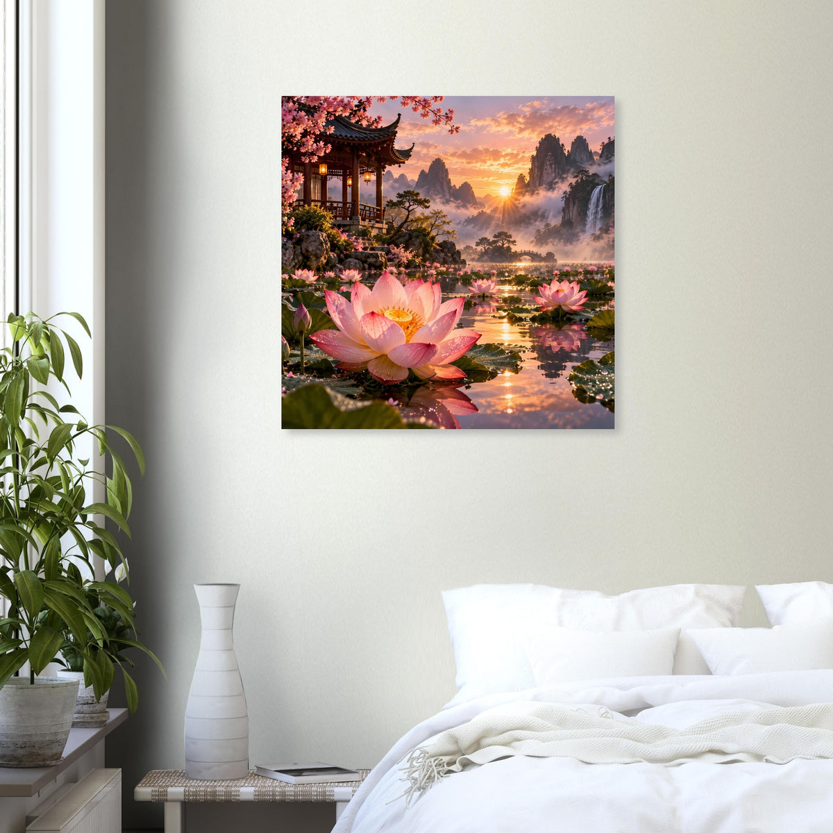 Quadratisches Poster mit großer Lotusblüte, Tempelgebäude und Berglandschaft bei Abendlicht