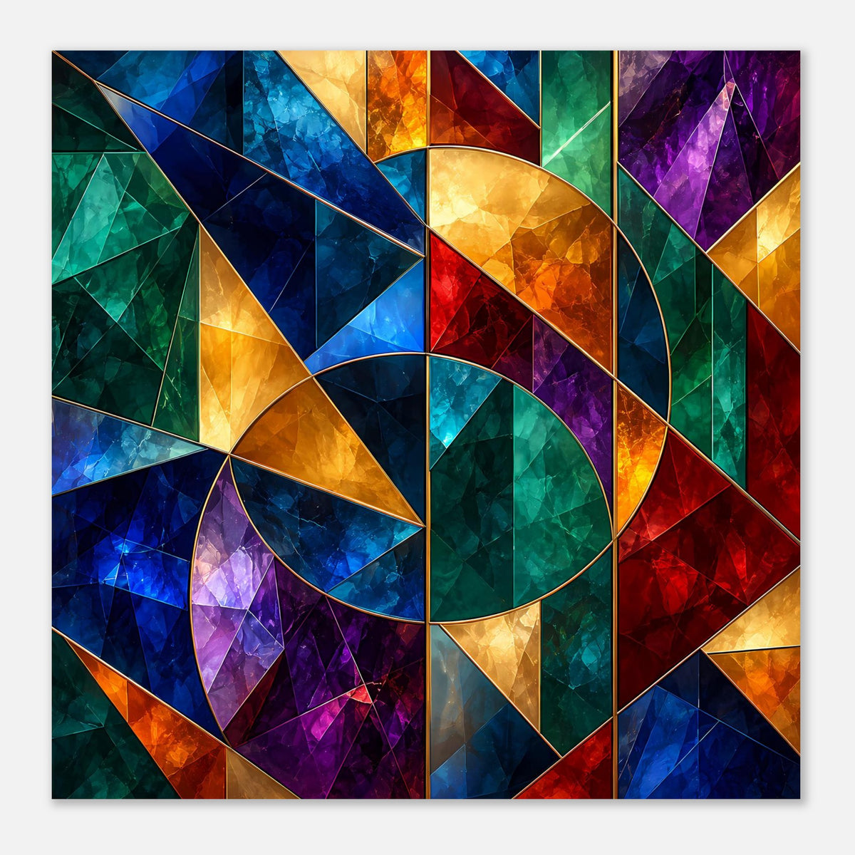 Buntes Glasfenster-Poster mit Dreiecken, Rauten und Kreisornamenten, quadratisch