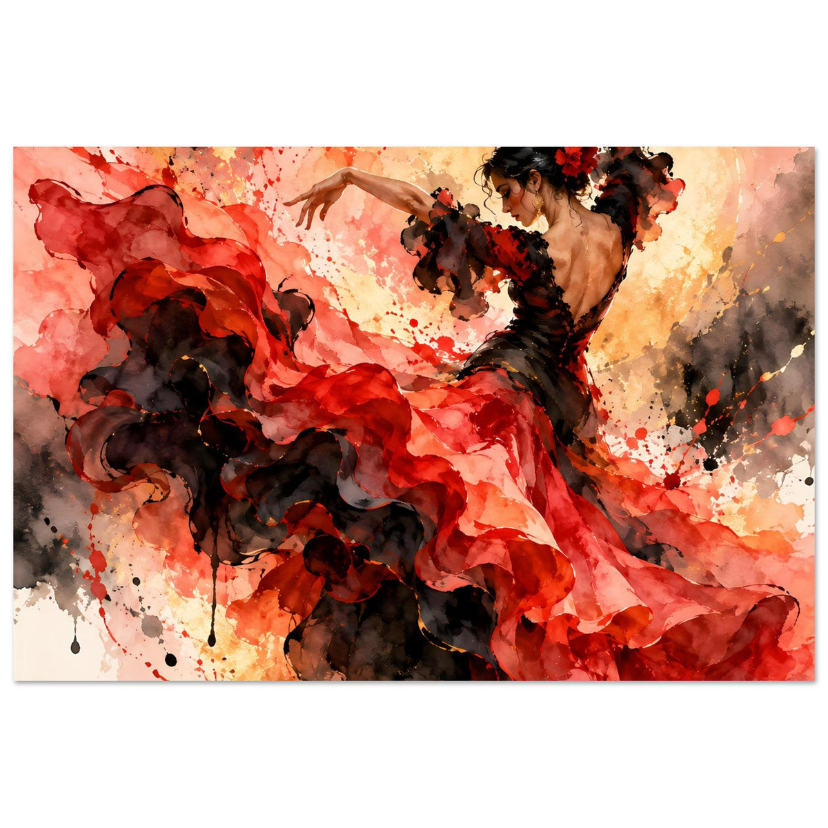 Flamenco-Tanzposter im Querformat: tanzende Frau, roter Rockwirbel und schwarzer Tänzerlook