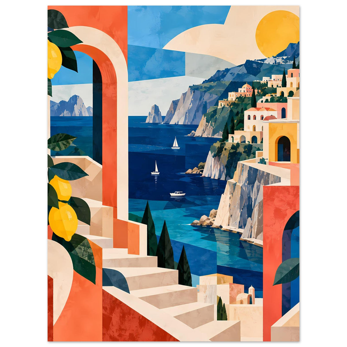Mediterranes Küstenposter (vertikal) mit blauer Bucht, Klippen, Häusern und gelben Zitronen