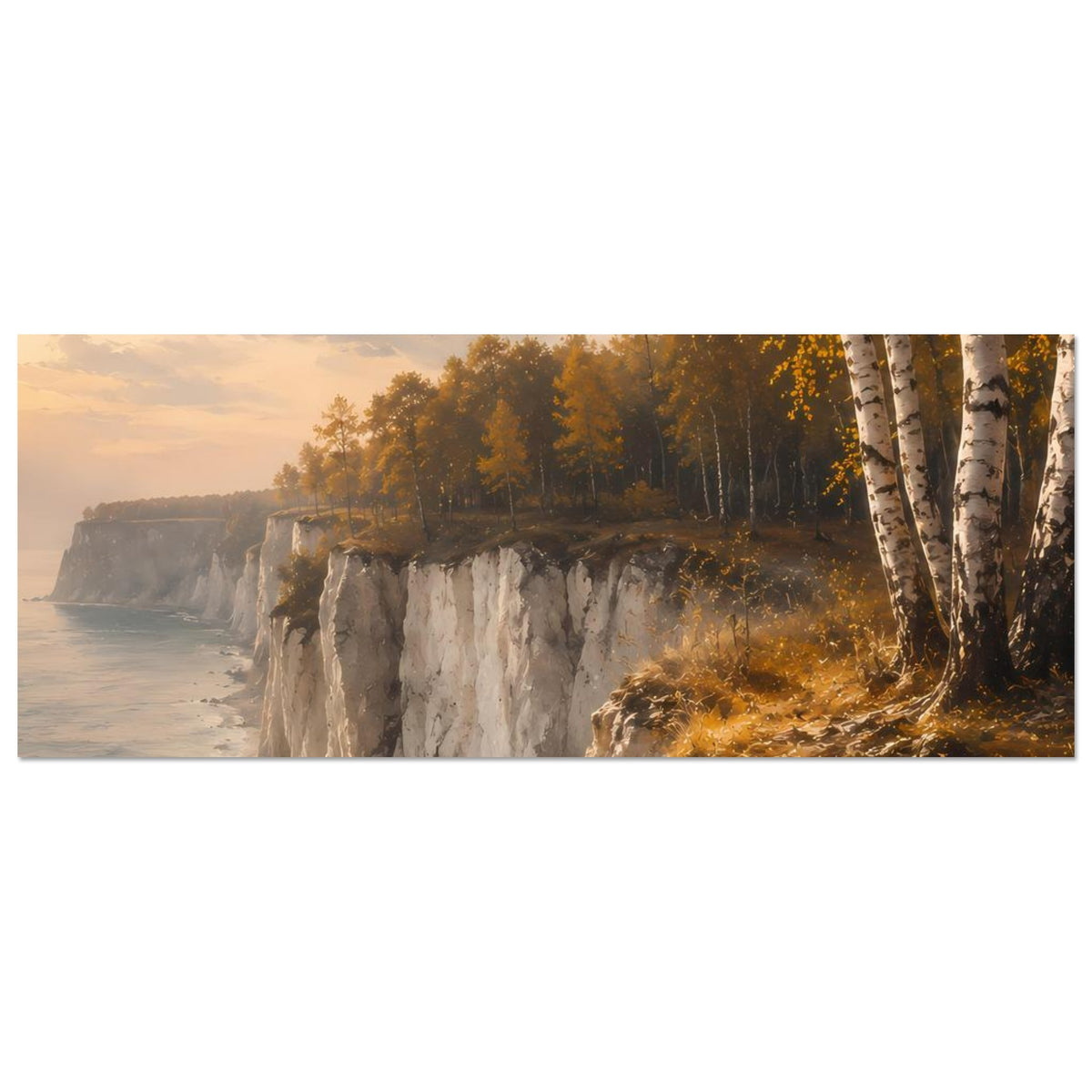 Matte Poster, horizontale Küstenlandschaft mit Kreideklippe, Strand und Birken im Herbst