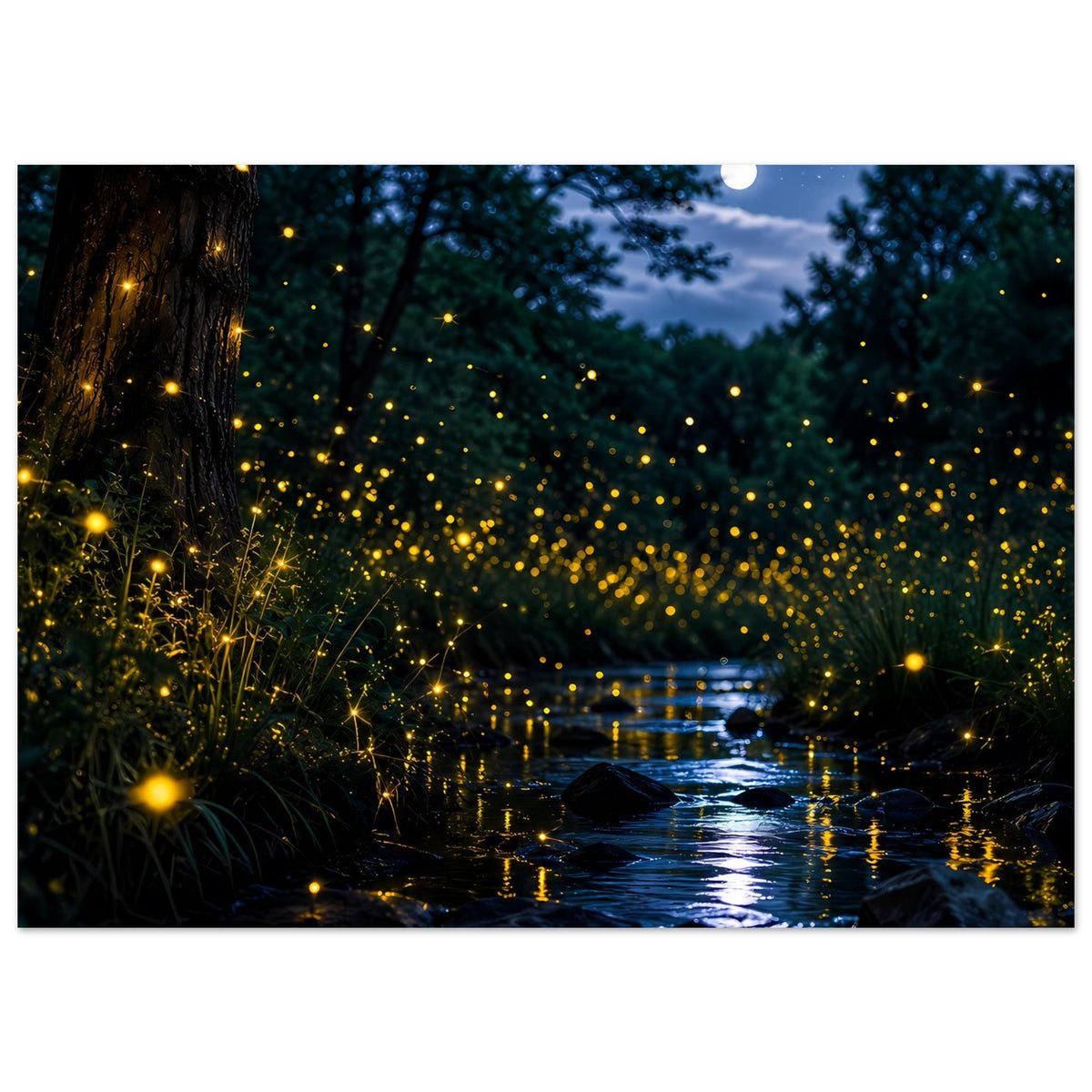 Leuchtposter mit Flusslandschaft bei Nacht: gelbe Glühwürmchenlichter spiegeln sich im Wasser