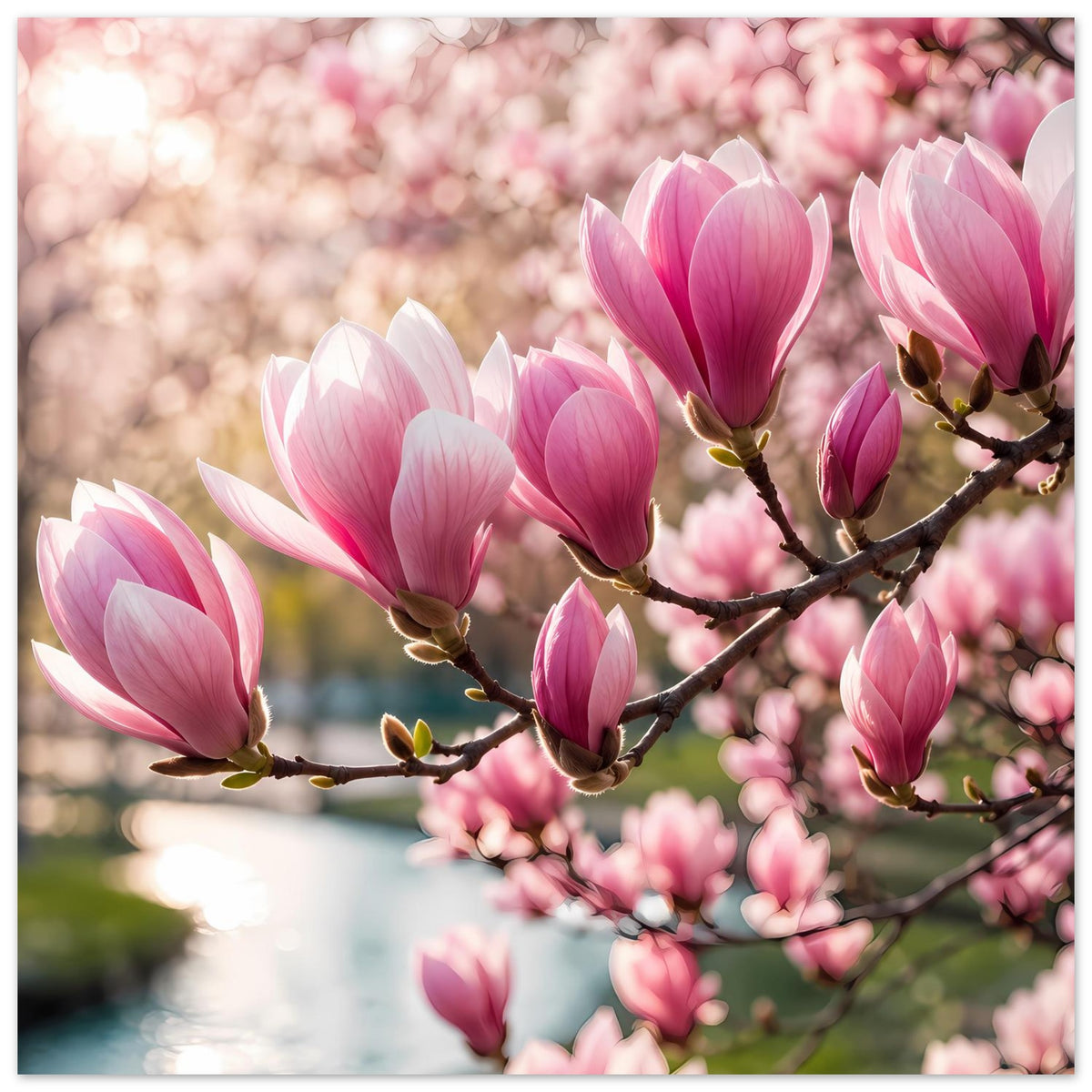 Blumenposter mit Magnolienzweig, Pink- und Weißblüten nah und dicht gedrängt