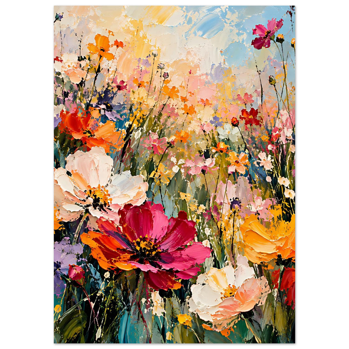 Blumenposter im Hochformat mit mehrfarbigen Blüten, Akzente in Rot und Orange