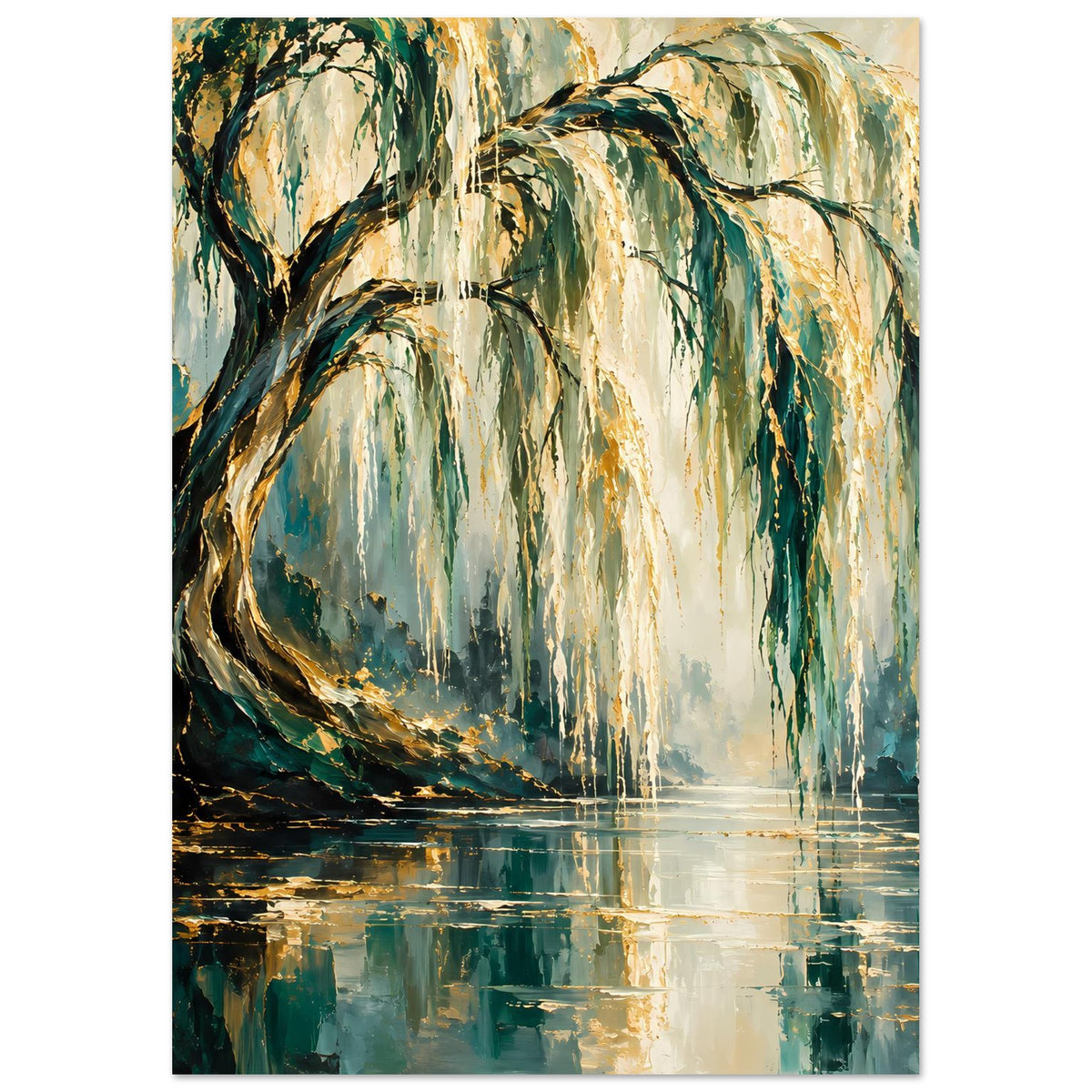 Poster mit Weidenbaum-Motiv, lange goldene Zweige über blaugrünem Wasser und Glanzreflexen.