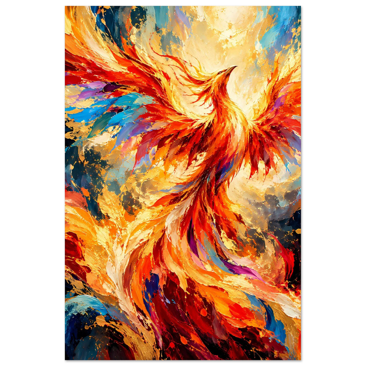 Leuchtendes Phönix-Porträt als Premium-Poster, vertikal und dynamisch mit Flammenwirbel