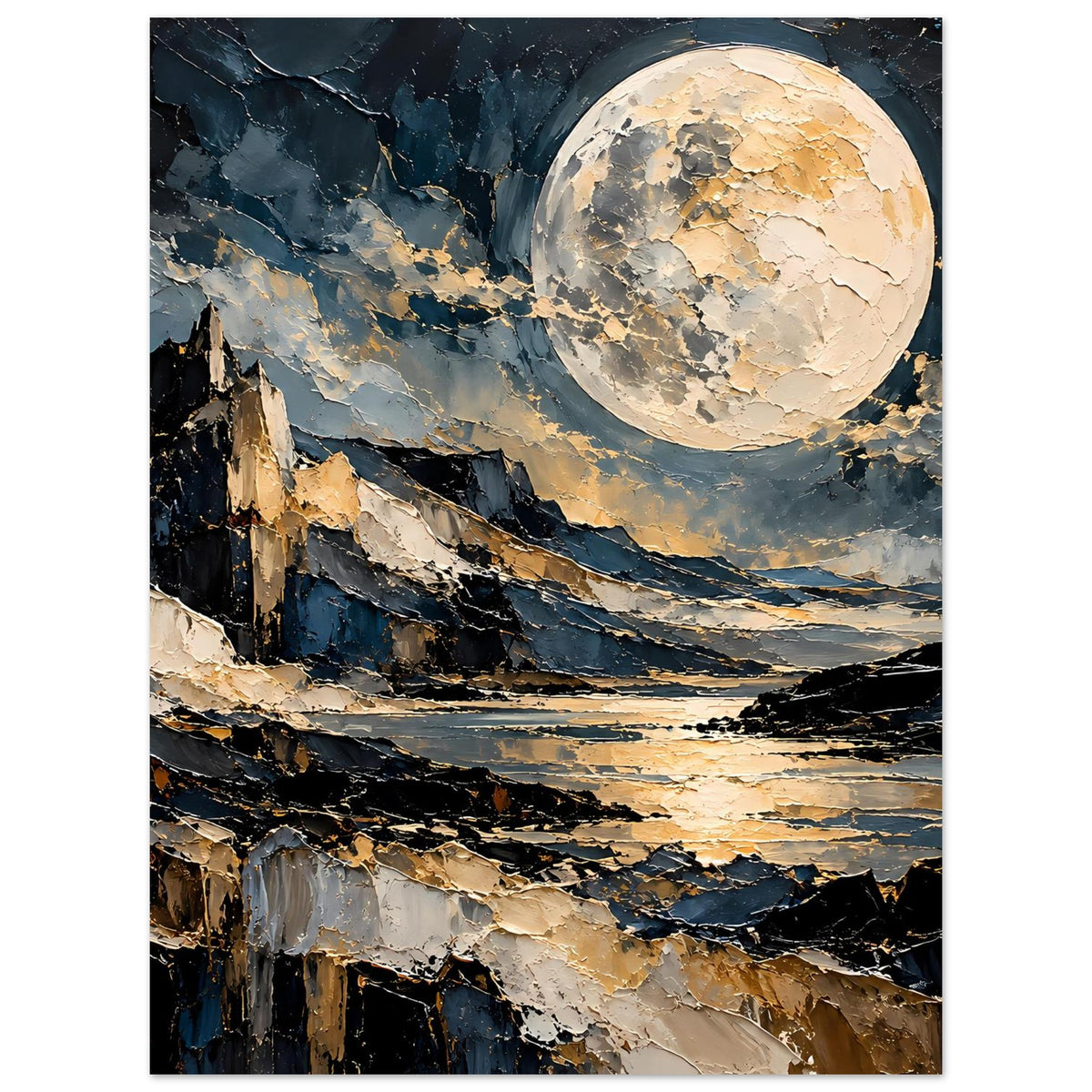 Mondschein-Poster: goldener Vollmond über Bergen und See, abstrakte Details im Licht