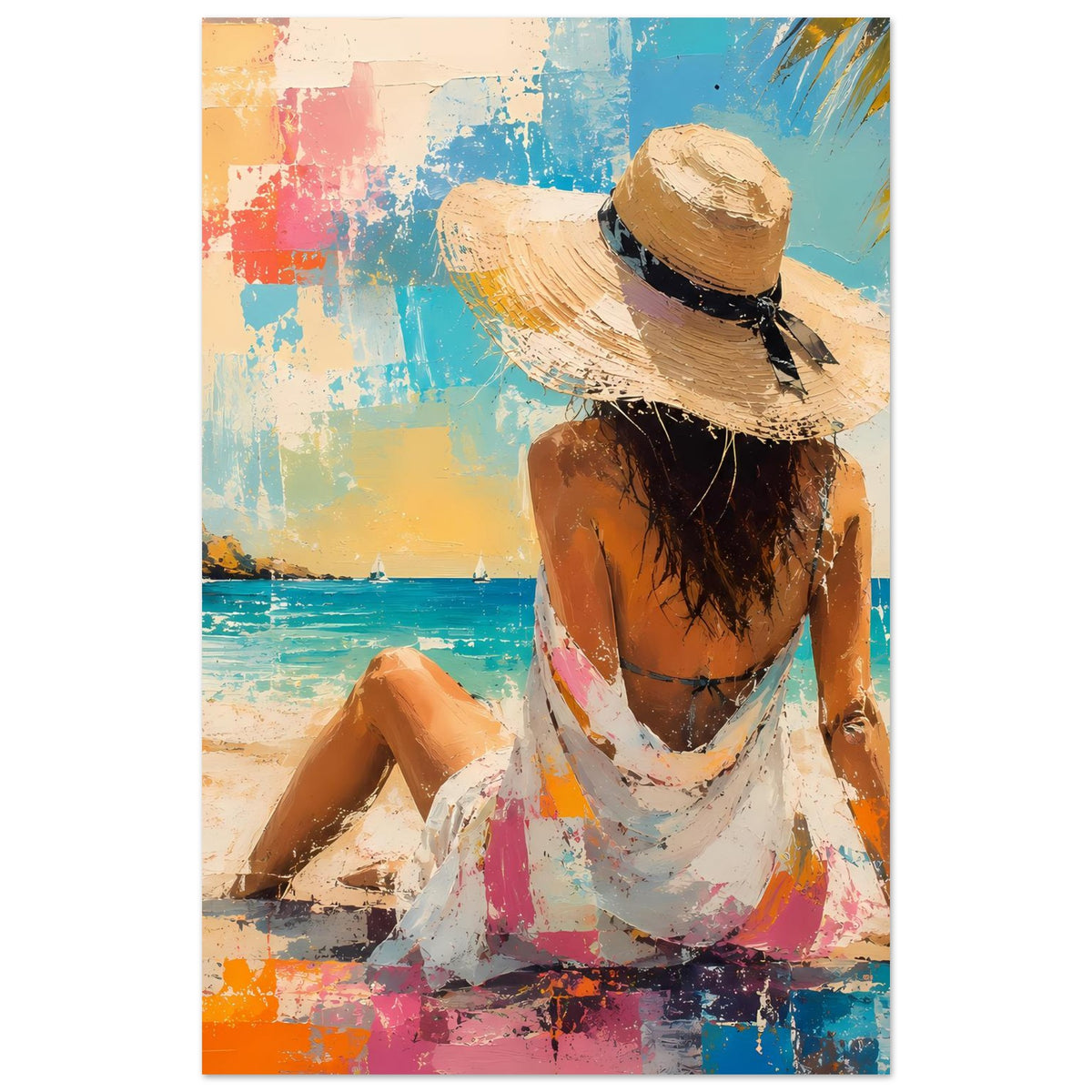 Sommerposter im Hochformat: Frau mit Strohhut, weißes Kleid, Strandmotiv mit Farbklecksen.
