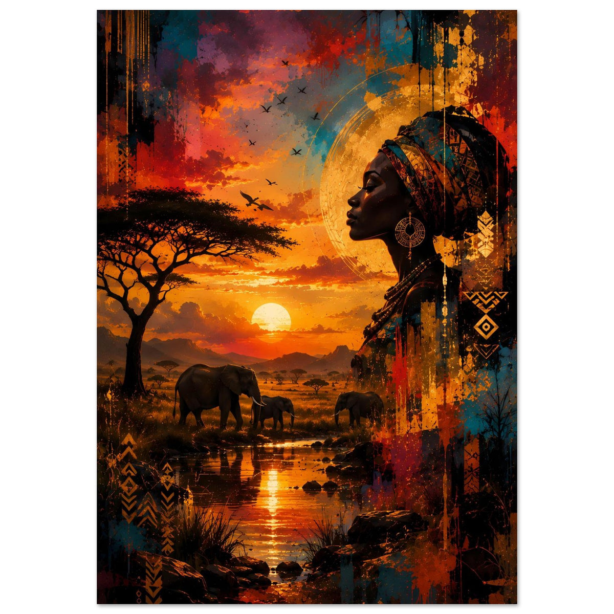 Poster: Frau im Profil mit Kopfschmuck, afrikanische Savanne mit Elefanten und untergehender Sonne
