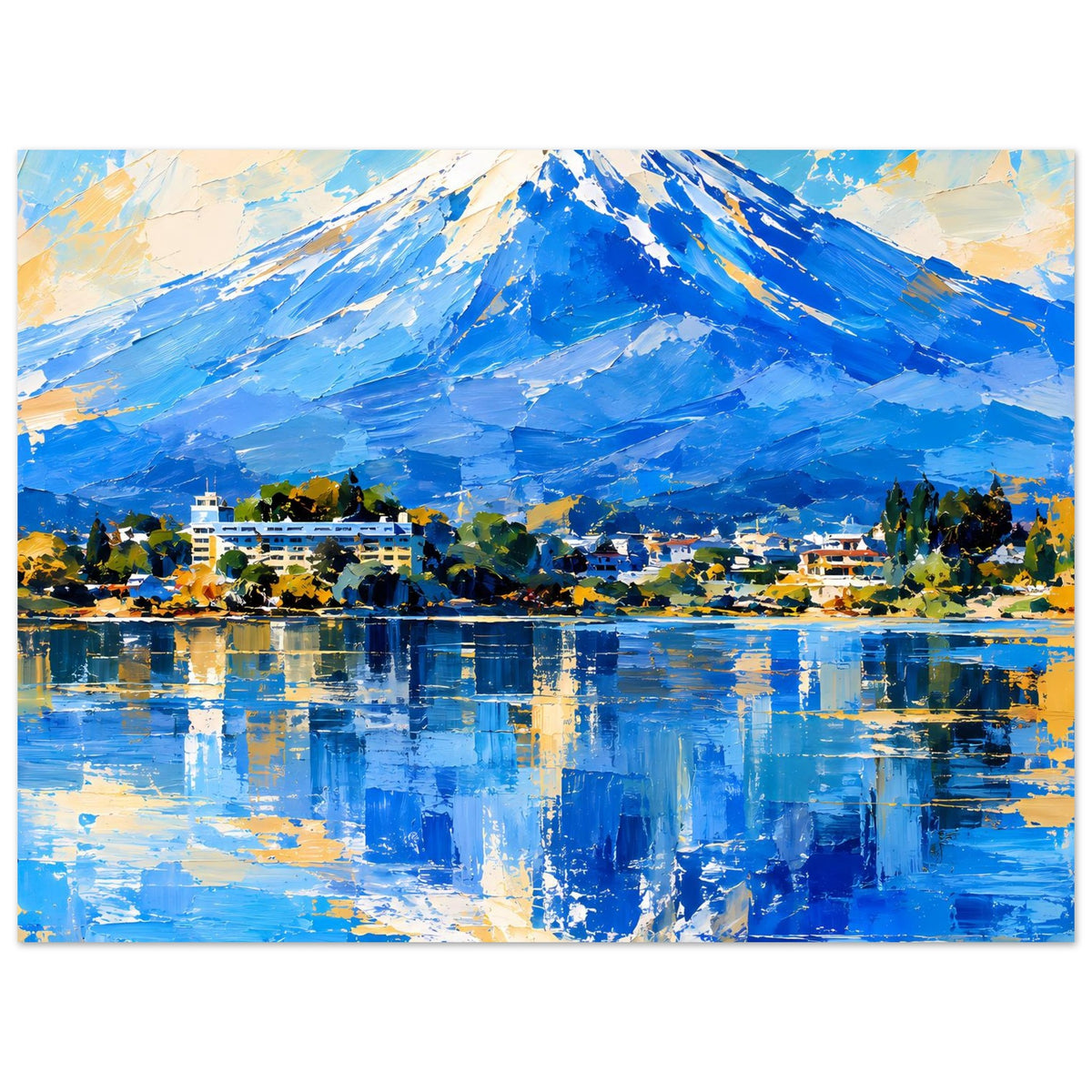Landschaftsbild im Querformat: blauer Berg, Häuser am Seeufer und farbige Reflexion