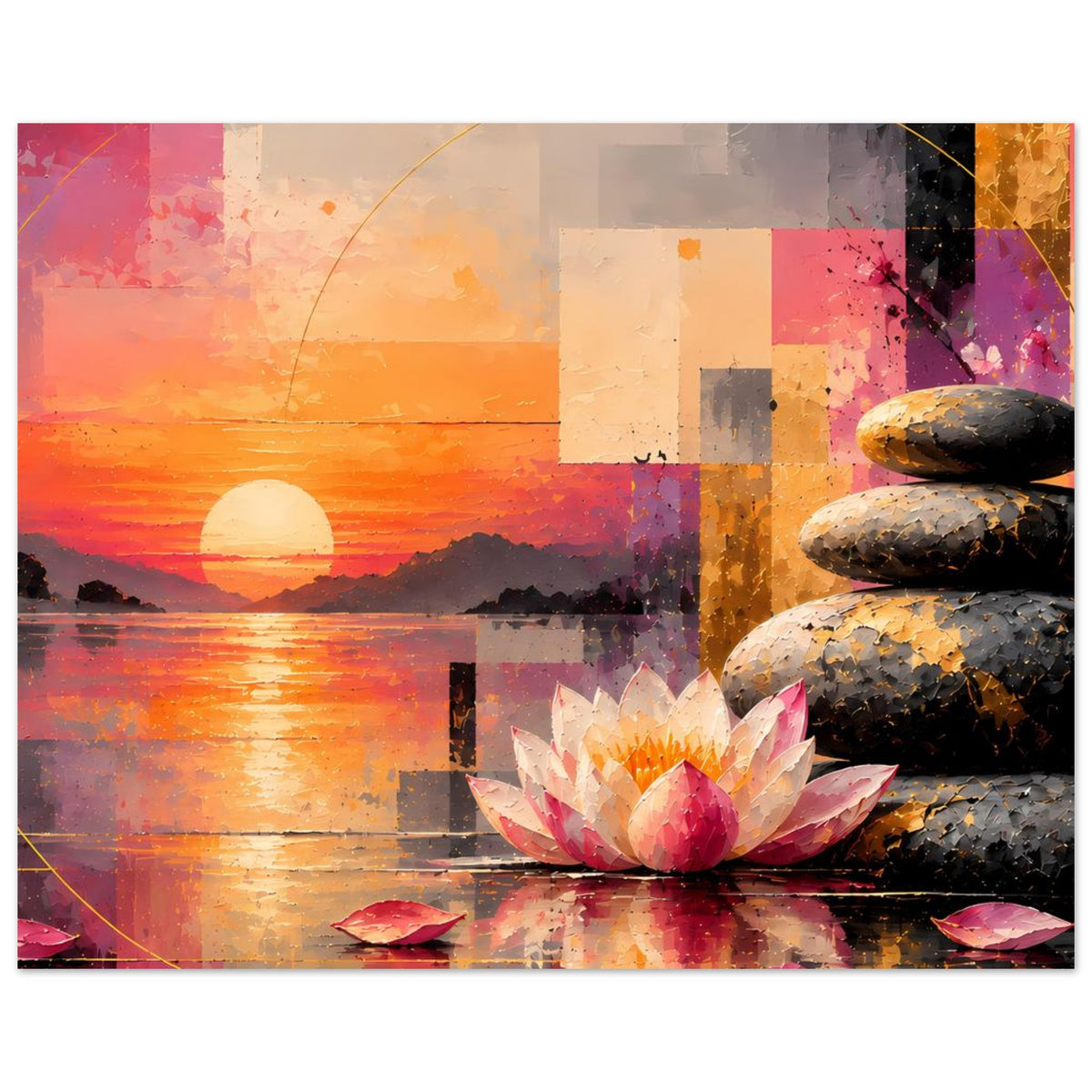 Zen-Poster Querformat mit Lotusblüte, gestapelten Steinen und warmen Farbverläufen