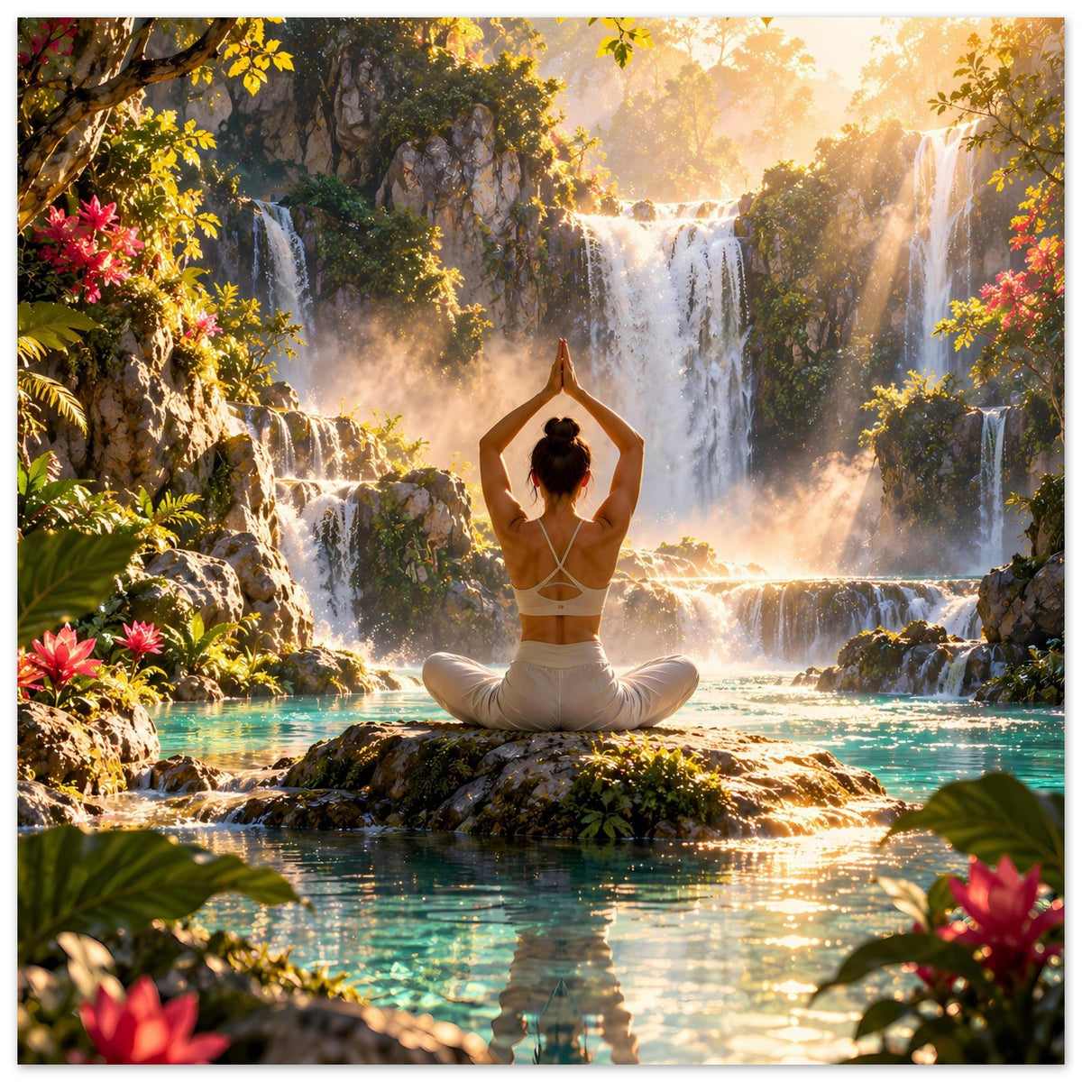 Yoga-Meditationsposter im Quadratformat: meditierende Frau mit erhobenen Händen und Wasserfall.