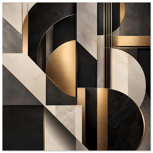 Geometrisches Kunstposter mit Gold- und Marmoroptik, schwarzen & beigen Formen, Kreisbögen