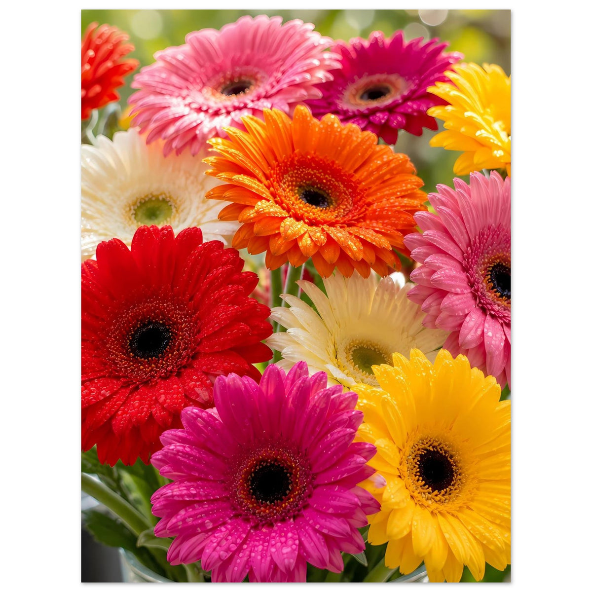 Vertikales Poster: Gerbera-Blüten in Rot, Pink, Orange, Gelb und Weiß, close-up